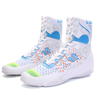 B LUCK SHOE Boxing Shoes for Men, Unisex Hi-top Breathable Boxing Boots Wrestling Shoes for Kids, Youth, Adults LS-198 WHITE
